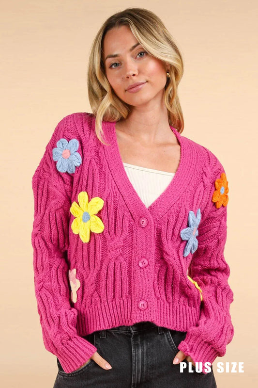 Plus Size Hand-Made Floral Applique Embroidered Cable Knit Cardigan