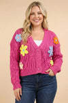 Plus Size Hand-Made Floral Applique Embroidered Cable Knit Cardigan