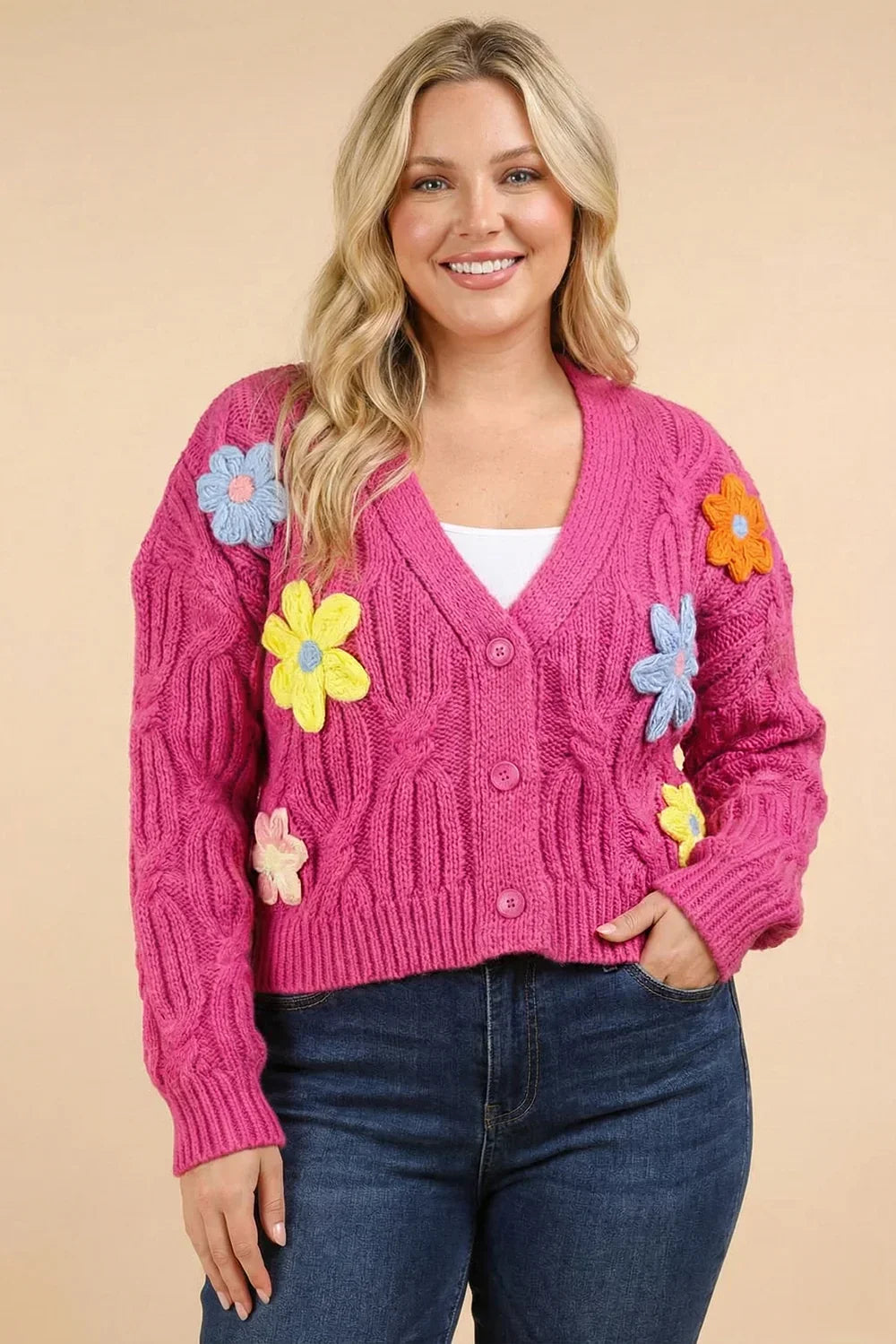 Plus Size Hand-Made Floral Applique Embroidered Cable Knit Cardigan - Tasha Apparel Wholesale
