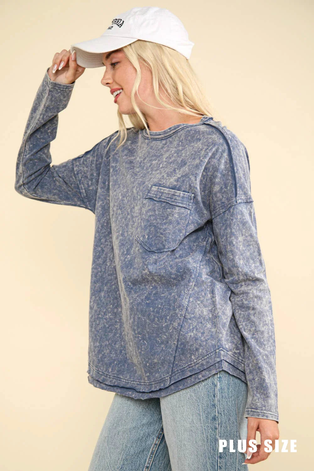 Plus Size Mineral Acid Washed Long Sleeve Crew Neck Relaxed Fit Top
