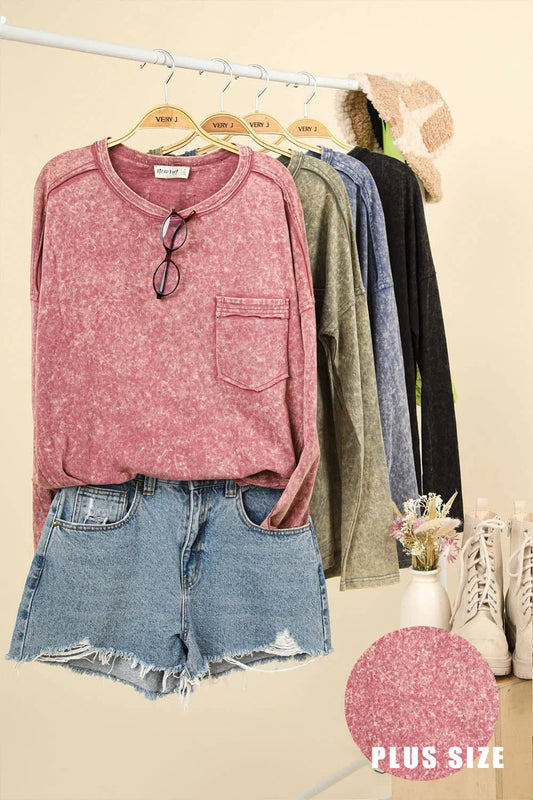 Plus Size Mineral Acid Washed Long Sleeve Crew Neck Relaxed Fit Top