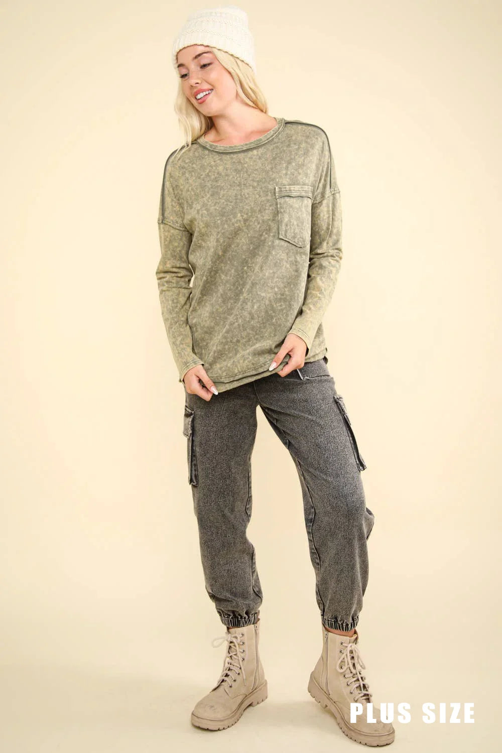 Plus Size Mineral Acid Washed Long Sleeve Crew Neck Relaxed Fit Top