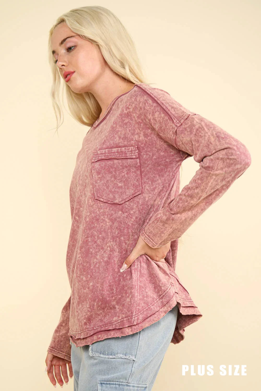 Plus Size Mineral Acid Washed Long Sleeve Crew Neck Relaxed Fit Top