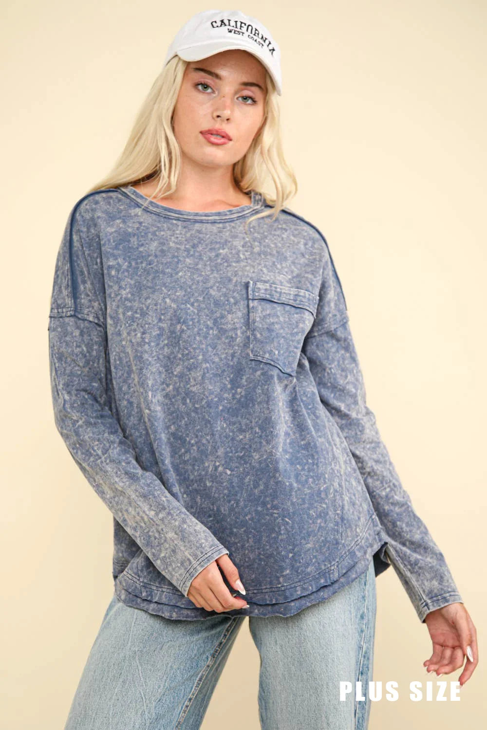 Plus Size Mineral Acid Washed Long Sleeve Crew Neck Relaxed Fit Top