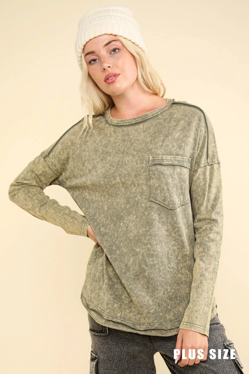 Plus Size Mineral Acid Washed Long Sleeve Crew Neck Relaxed Fit Top