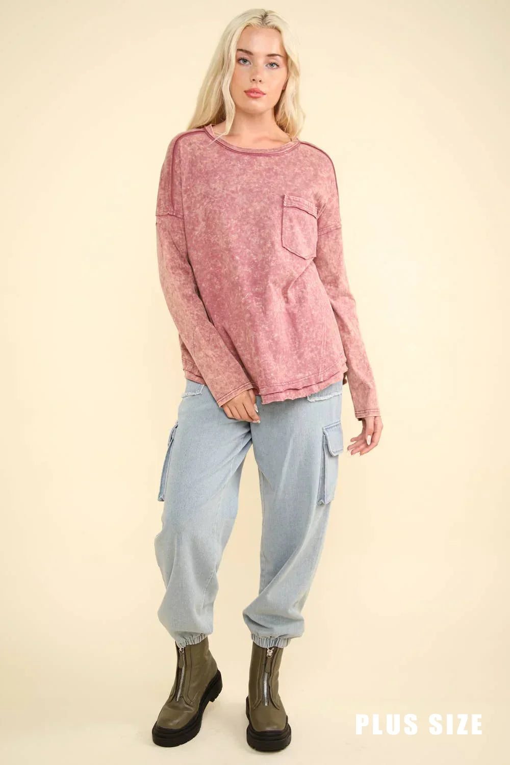 Plus Size Mineral Acid Washed Long Sleeve Crew Neck Relaxed Fit Top