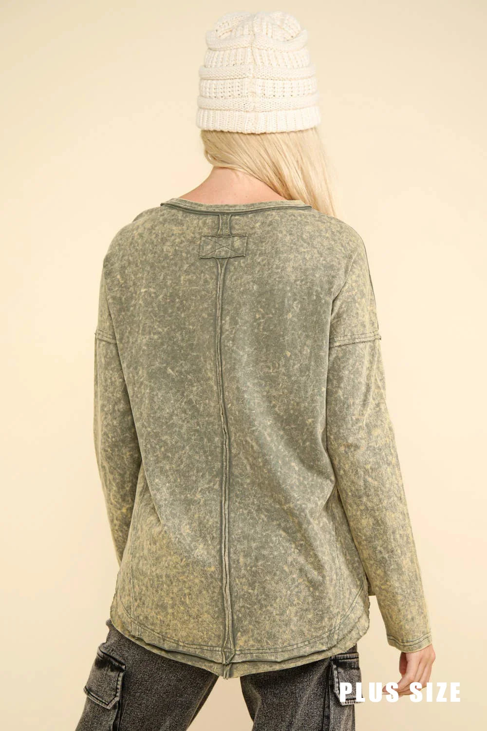 Plus Size Mineral Acid Washed Long Sleeve Crew Neck Relaxed Fit Top