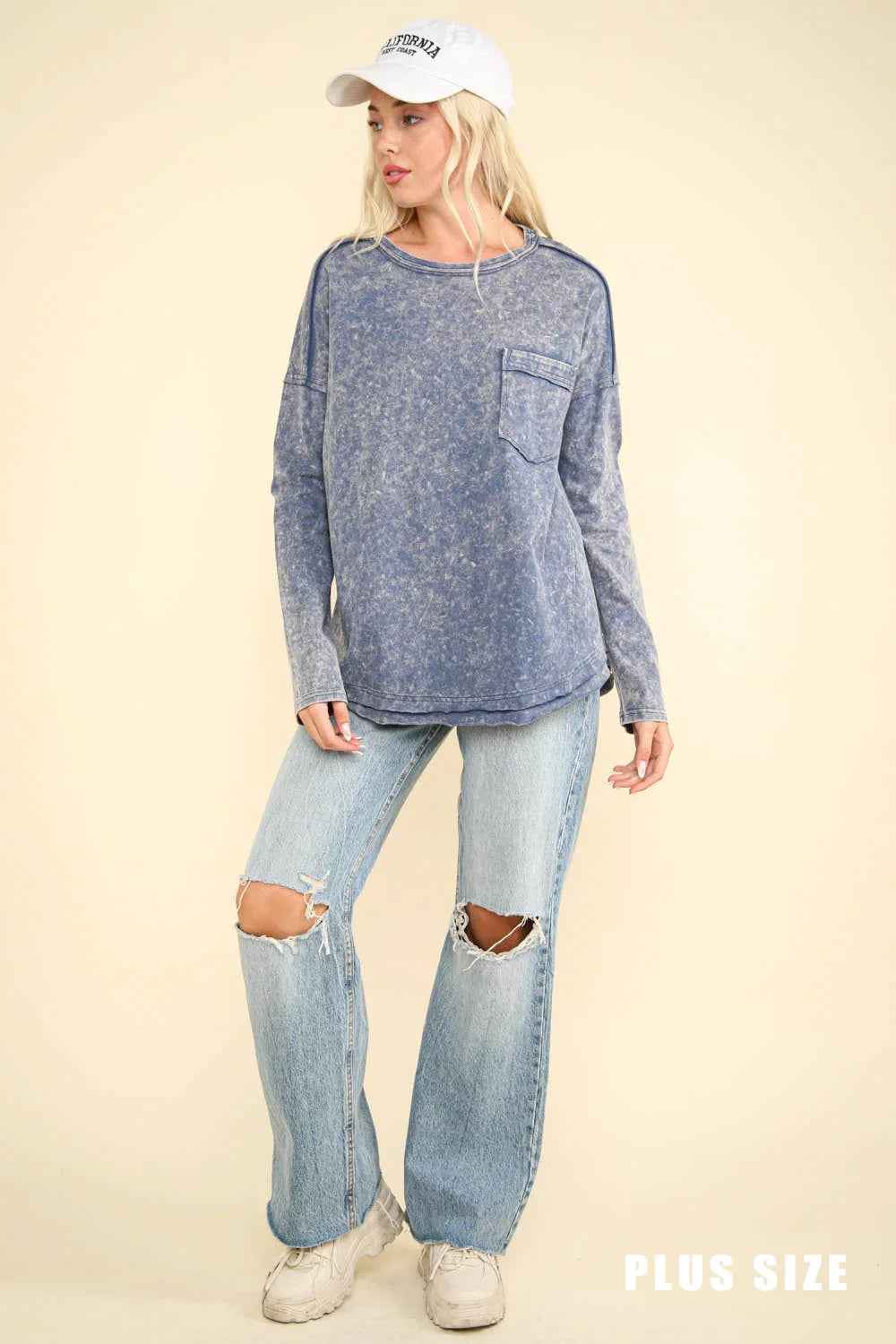 Plus Size Mineral Acid Washed Long Sleeve Crew Neck Relaxed Fit Top