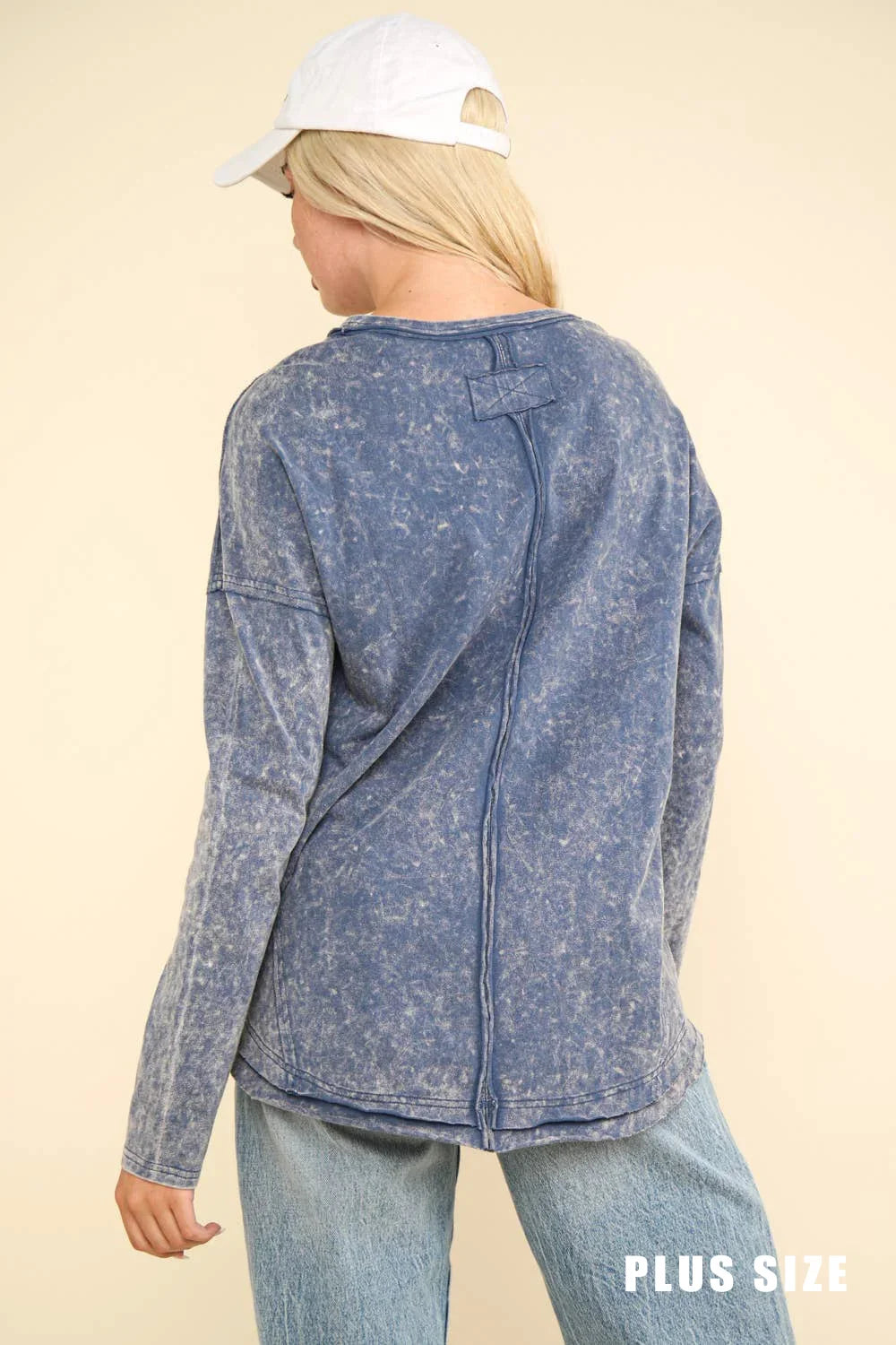 Plus Size Mineral Acid Washed Long Sleeve Crew Neck Relaxed Fit Top