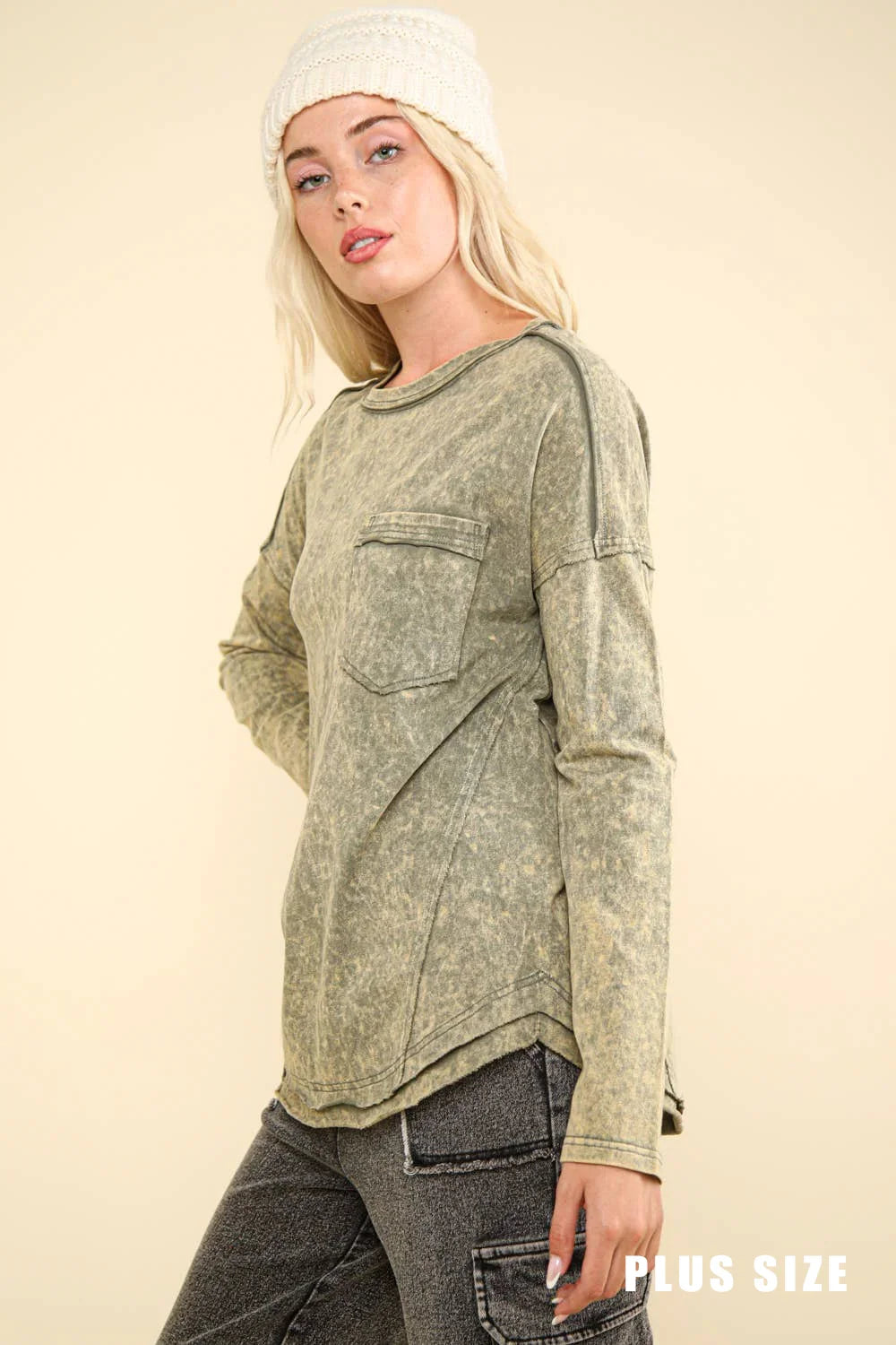 Plus Size Mineral Acid Washed Long Sleeve Crew Neck Relaxed Fit Top