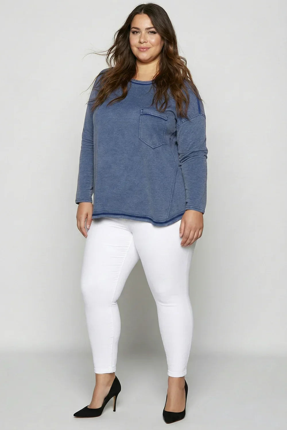 Plus Size Mineral Acid Washed Long Sleeve Crew Neck Relaxed Fit Top - Tasha Apparel Wholesale