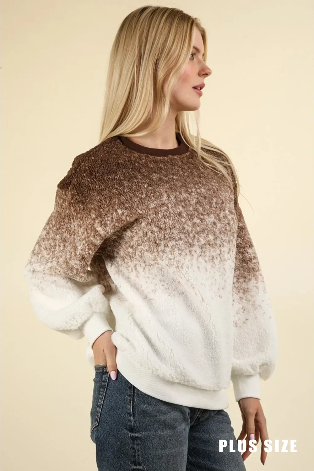 Plus Size Ombre Fuzzy Pullover Soft Plush Crew Neck Sweatshirt