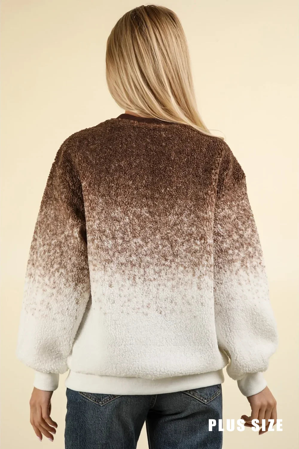 Plus Size Ombre Fuzzy Pullover Soft Plush Crew Neck Sweatshirt