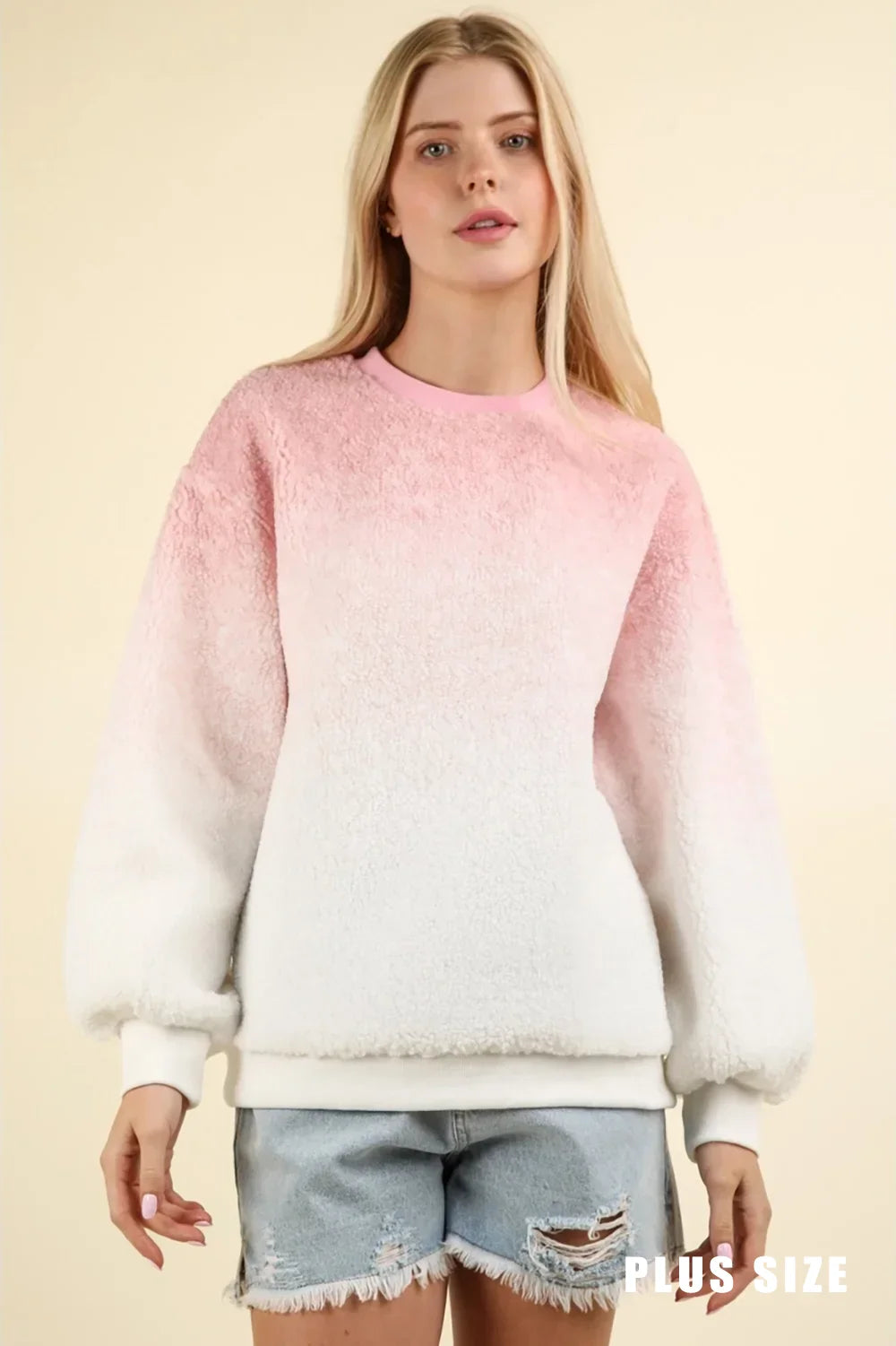 Plus Size Ombre Fuzzy Pullover Soft Plush Crew Neck Sweatshirt