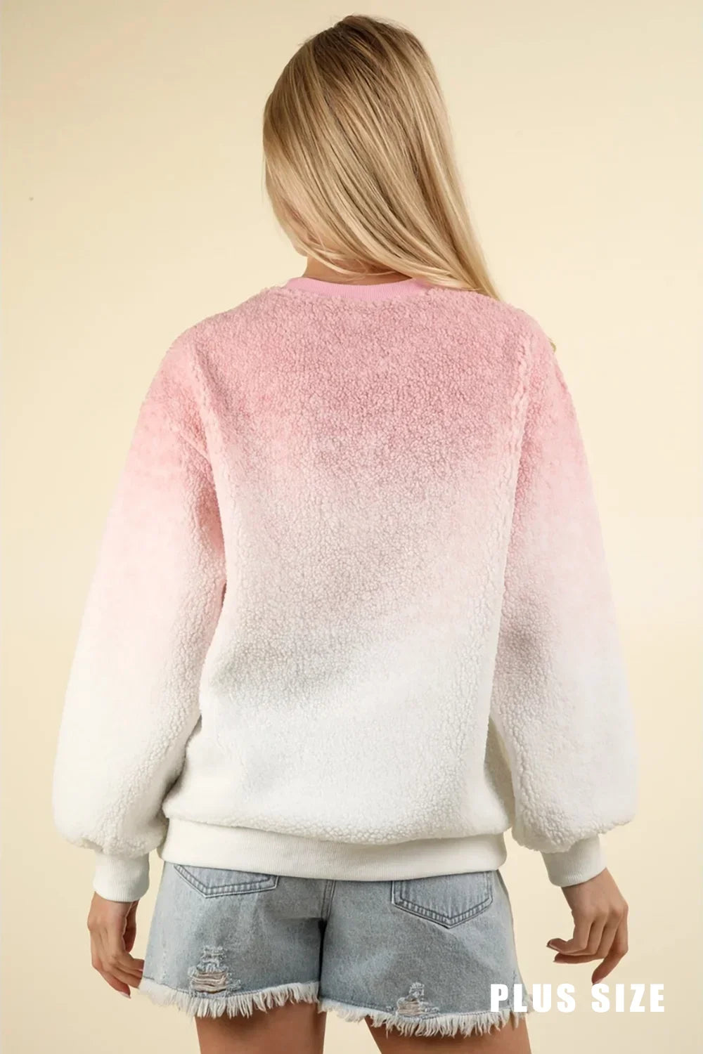 Plus Size Ombre Fuzzy Pullover Soft Plush Crew Neck Sweatshirt