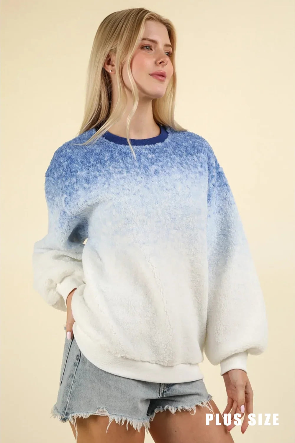 Plus Size Ombre Fuzzy Pullover Soft Plush Crew Neck Sweatshirt