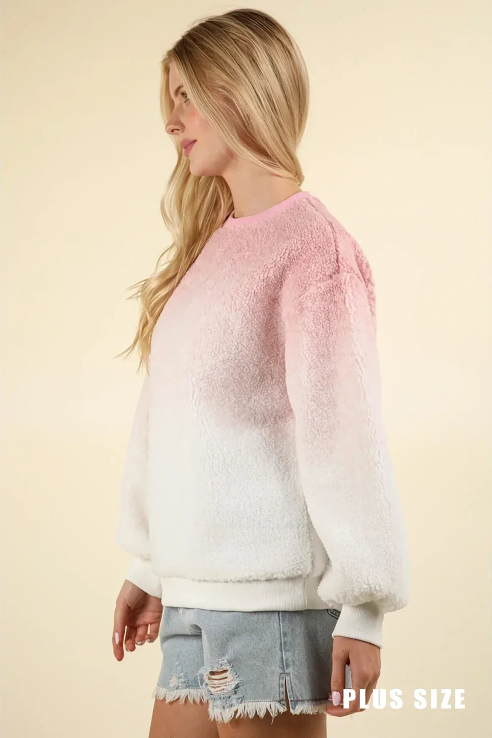 Plus Size Ombre Fuzzy Pullover Soft Plush Crew Neck Sweatshirt