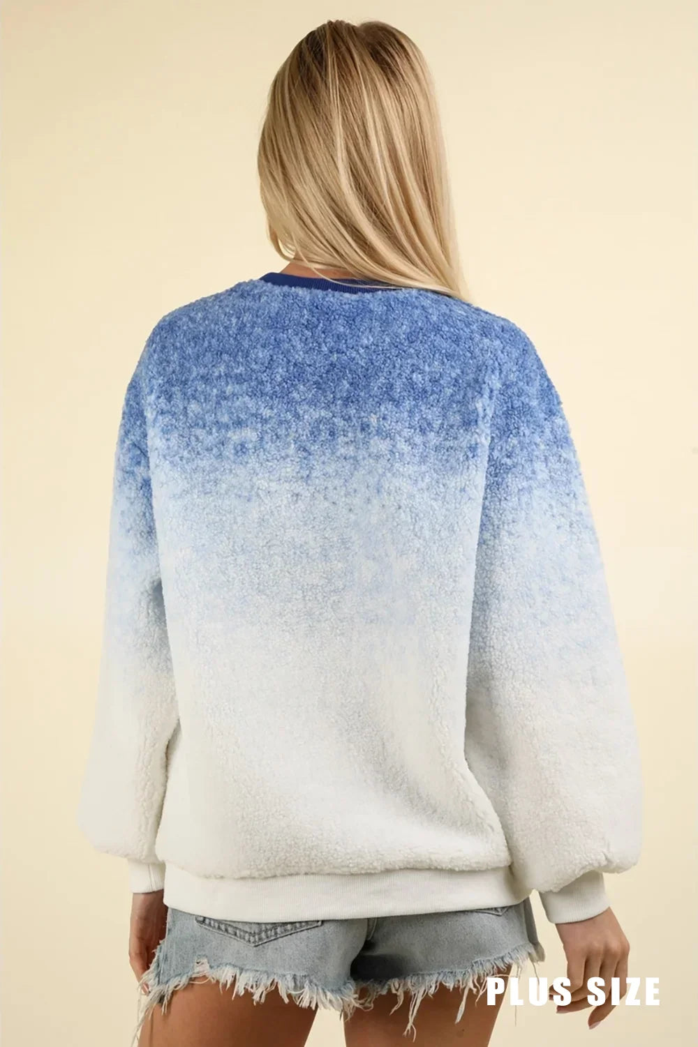 Plus Size Ombre Fuzzy Pullover Soft Plush Crew Neck Sweatshirt