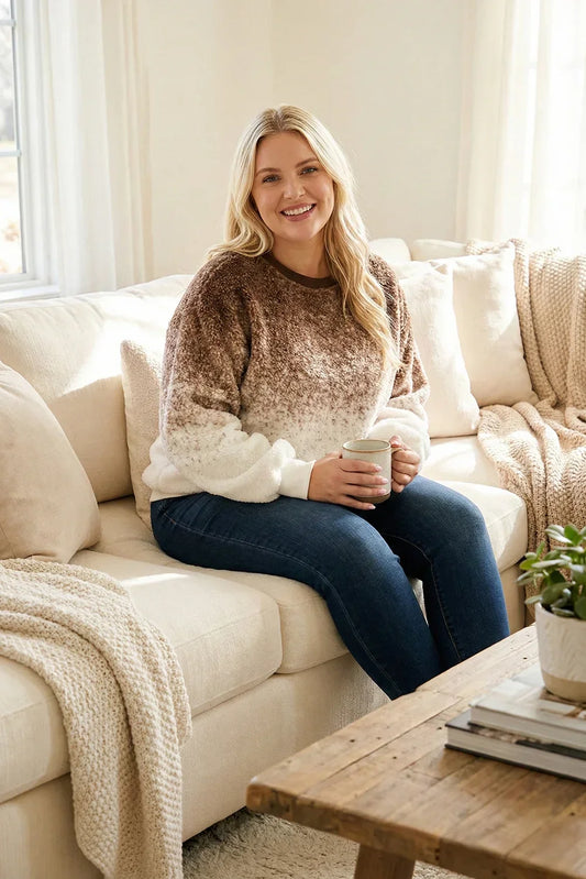 Plus Size Ombre Fuzzy Pullover Soft Plush Crew Neck Sweatshirt