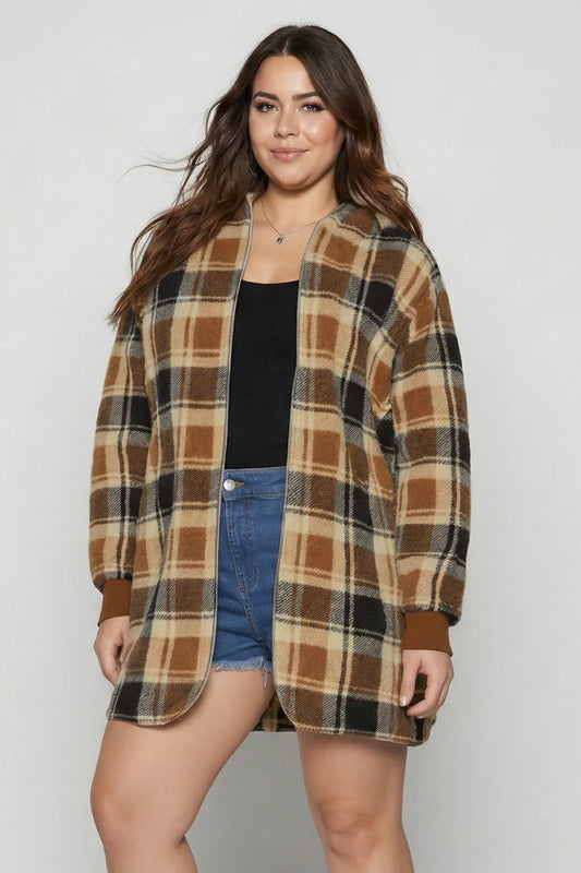 Plus Size Cozy Oversized Plaid Hooded Shacket Fleece Button-Up Jacket