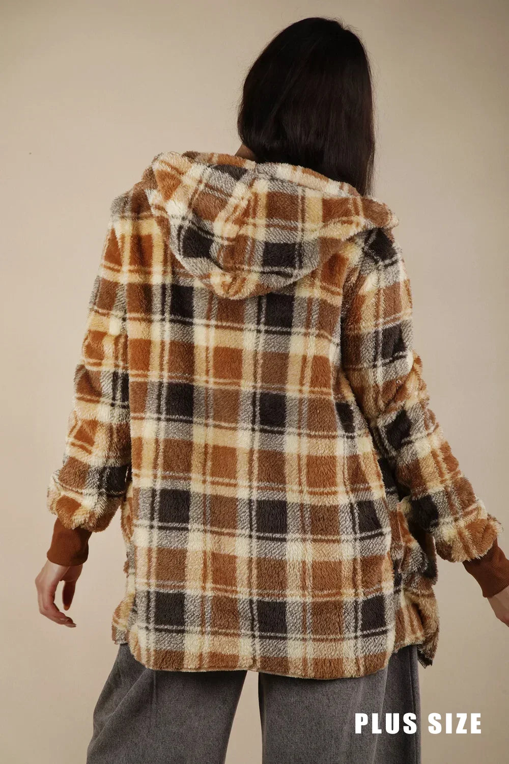 Plus Size Cozy Oversized Plaid Hooded Shacket Fleece Button-Up Jacket