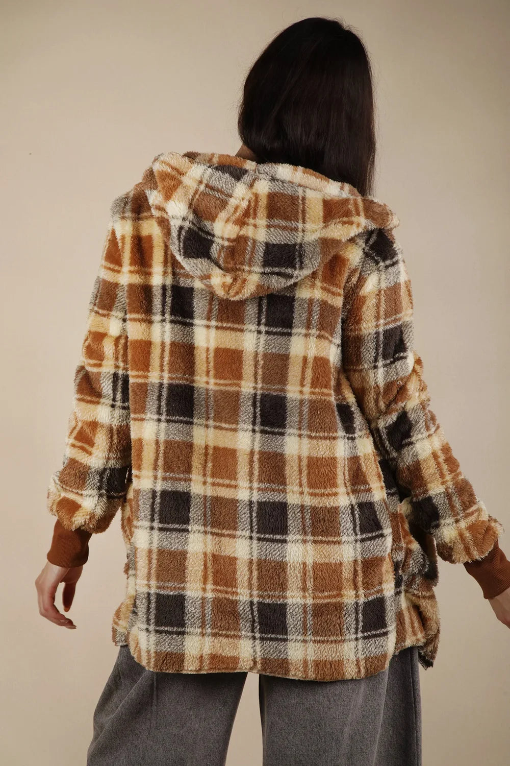 Trendy Oversized Plaid Sherpa Fleece Hooded Shacket Layering Jacket