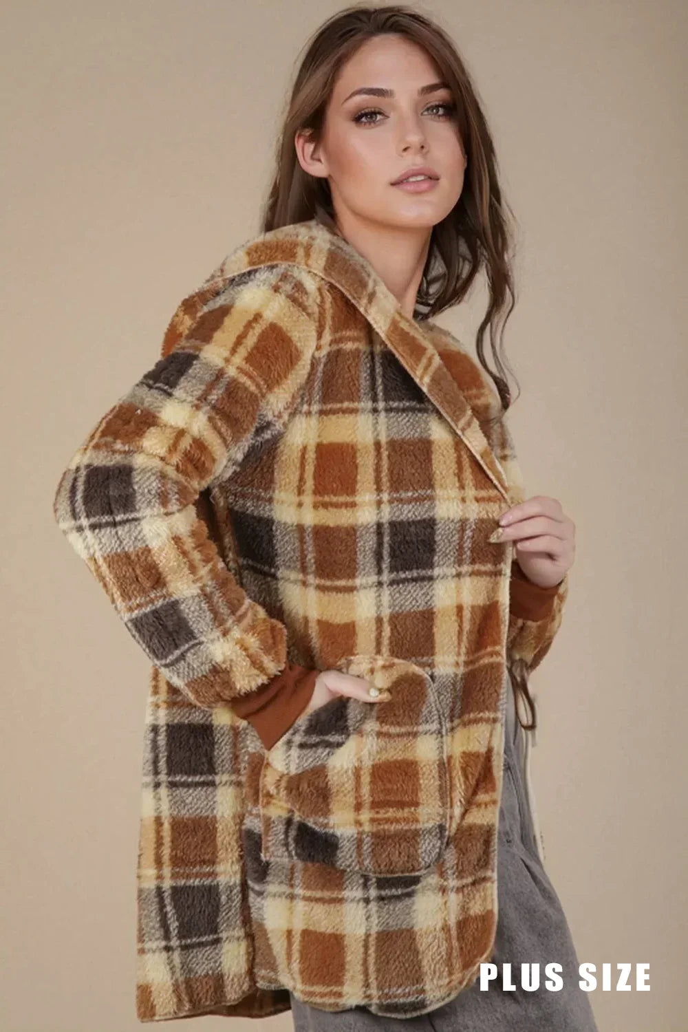 Plus Size Cozy Oversized Plaid Hooded Shacket Fleece Button-Up Jacket