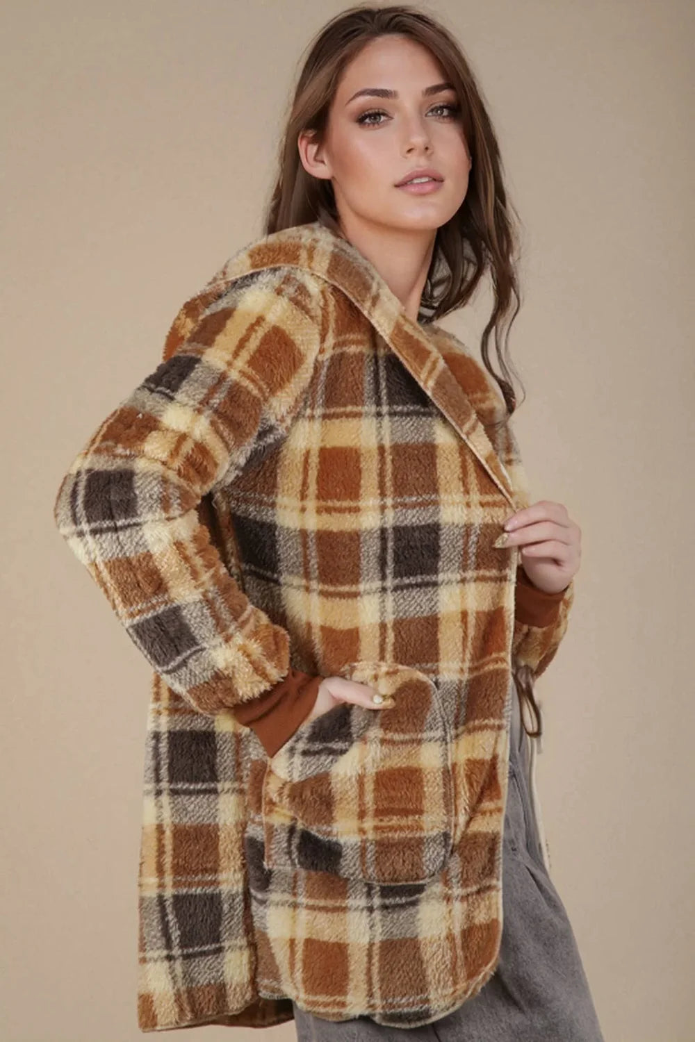 Trendy Oversized Plaid Sherpa Fleece Hooded Shacket Layering Jacket