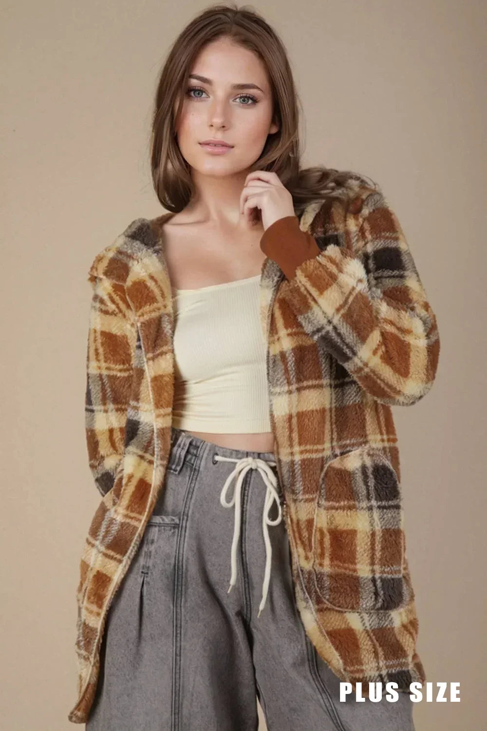 Plus Size Cozy Oversized Plaid Hooded Shacket Fleece Button-Up Jacket