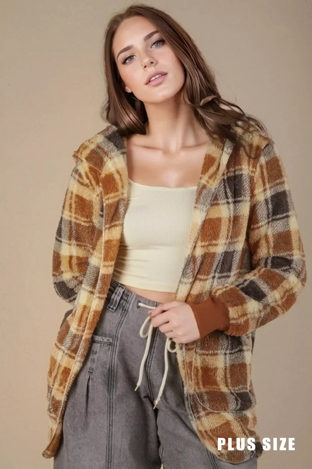 Plus Size Cozy Oversized Plaid Hooded Shacket Fleece Button-Up Jacket