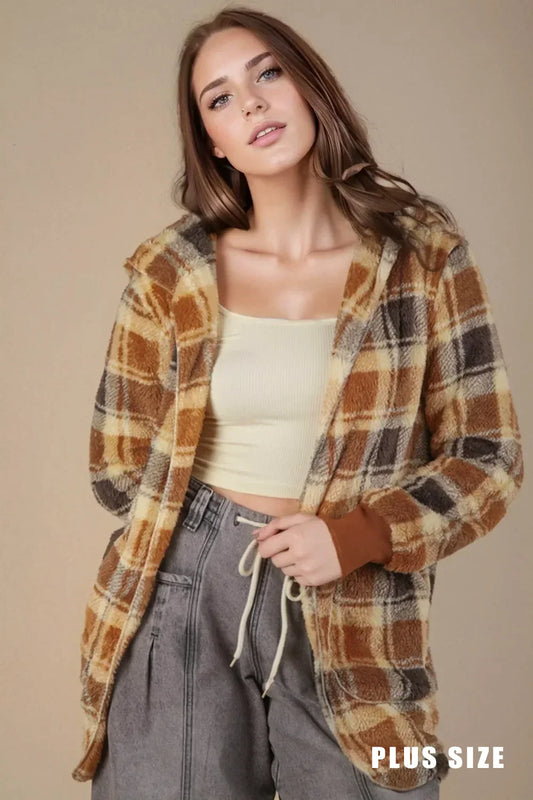Plus Size Cozy Oversized Plaid Hooded Shacket Fleece Button-Up Jacket