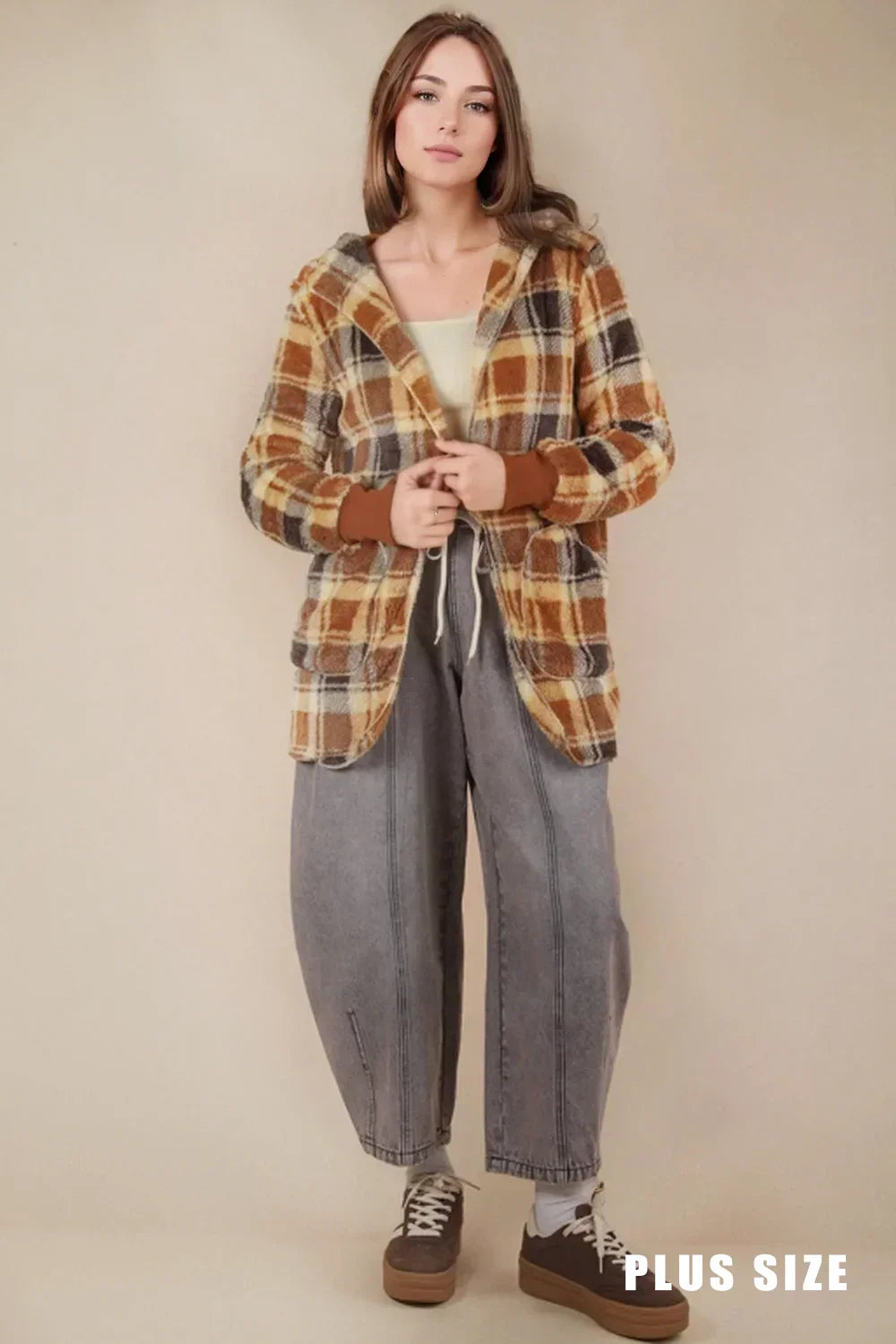 Plus Size Cozy Oversized Plaid Hooded Shacket Fleece Button-Up Jacket