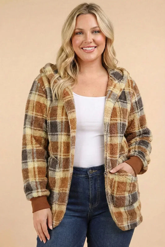 Plus Size Cozy Oversized Plaid Hooded Shacket Fleece Button-Up Jacket