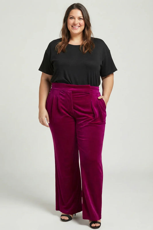 Plus Size Velvet High Waist Holiday Party Wide Pants