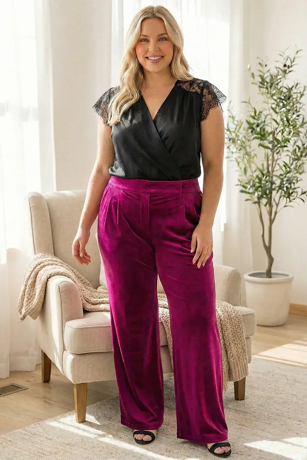 Plus Size Velvet High Waist Holiday Party Wide Pants - Tasha Apparel Wholesale