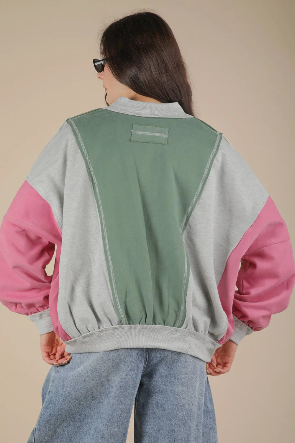 Raw Edge Colorblock Front Zip Side Pocket Bomber Jacket