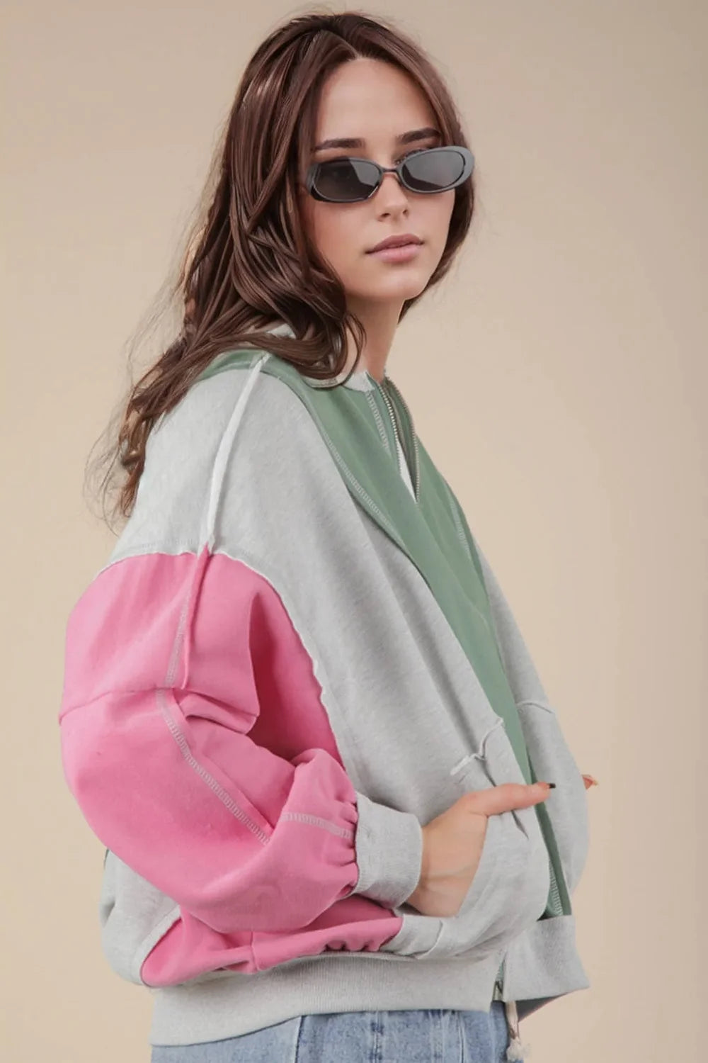 Raw Edge Colorblock Front Zip Side Pocket Bomber Jacket