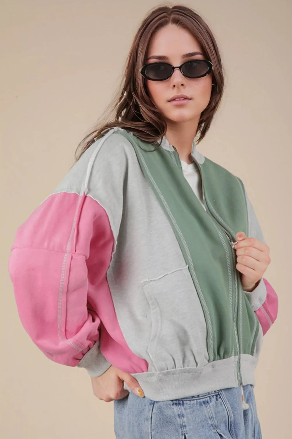 Raw Edge Colorblock Front Zip Side Pocket Bomber Jacket