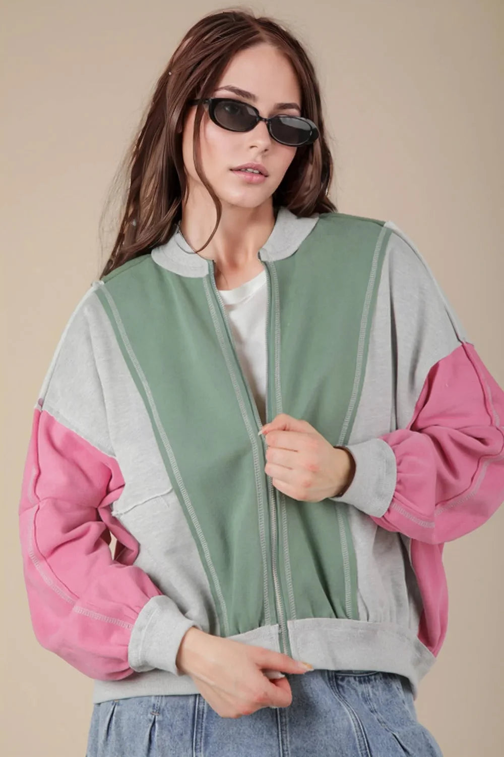 Raw Edge Colorblock Front Zip Side Pocket Bomber Jacket