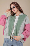 Raw Edge Colorblock Front Zip Side Pocket Bomber Jacket