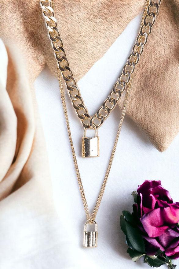 Gold Chunky & Link Chains With Padlocks Set Necklace 1