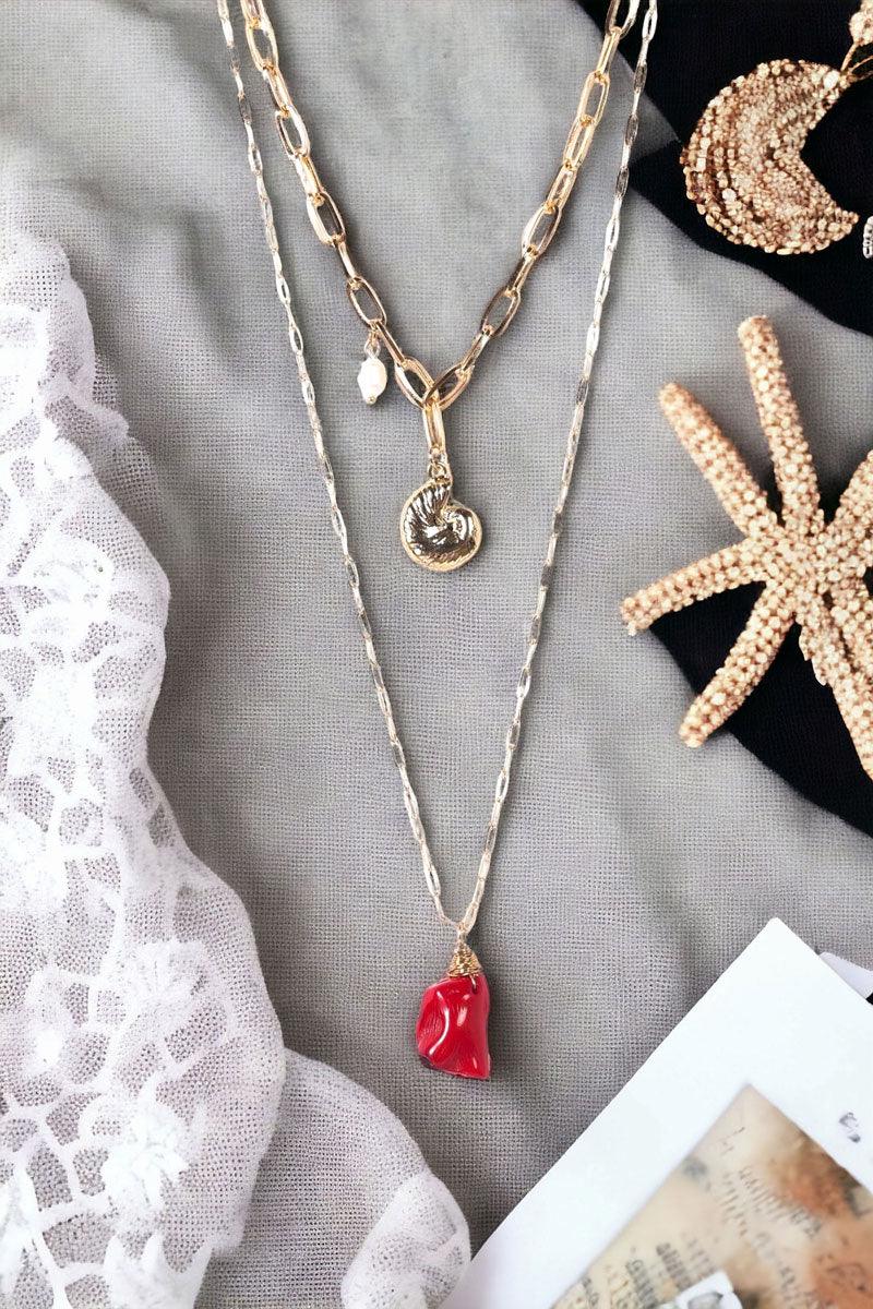 Gold Double Paper Clip Thin & Thick Chains Shell & Red Stone Pendants Pearl Necklace