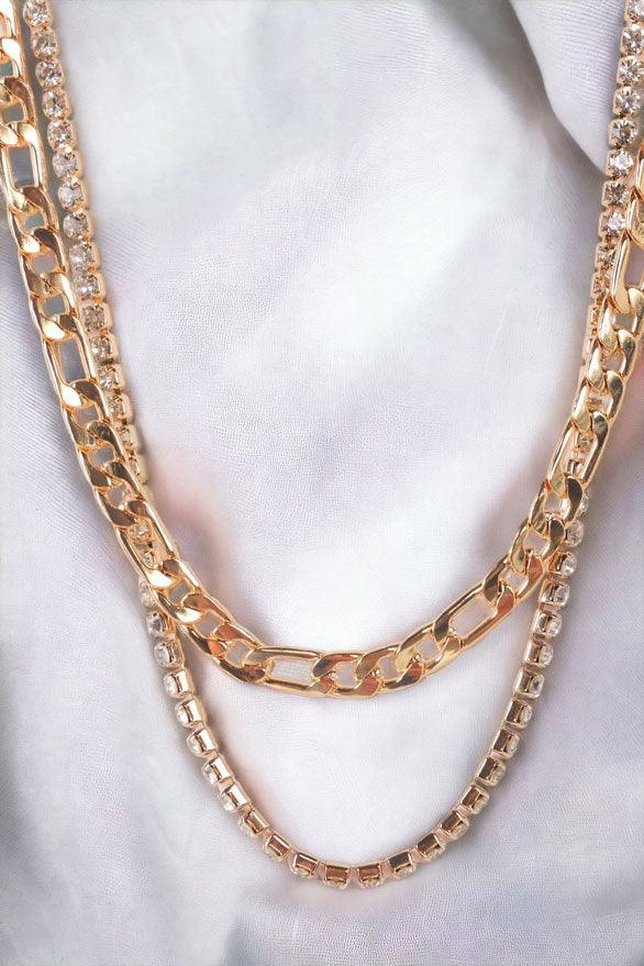 Gold Figaro Link Chain & Rhinestone Box Chain Set Necklace - Tasha Apparel