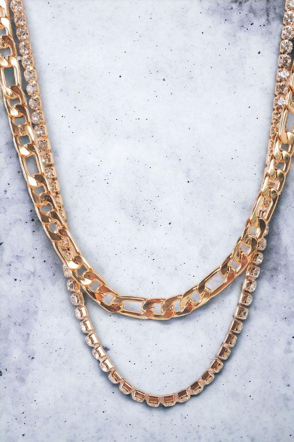 Gold Figaro Link Chain & Rhinestone Box Chain Set Necklace 1
