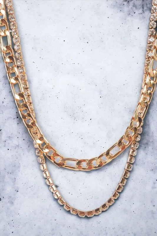 Figaro Link Chain & Rhinestone Box Chain Set Necklace - Tasha Apparel Wholesale