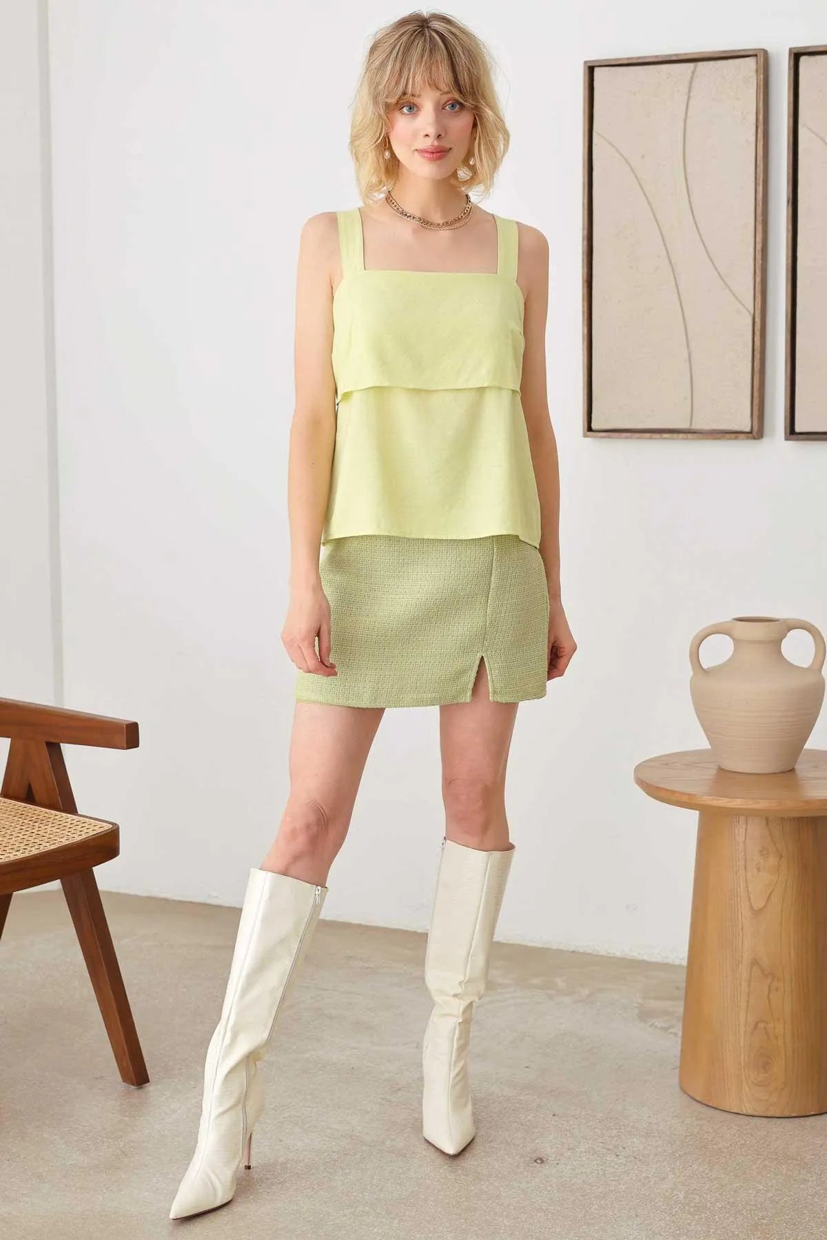 Plain Flowy Ruffle Neckline Sleeveless Back Self Tie Top - Tasha Apparel Wholesale