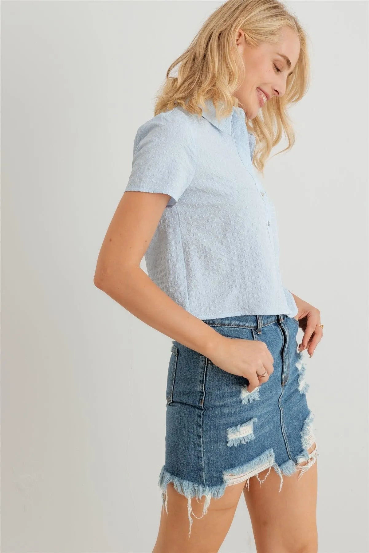 Textured Button-Up Short Sleeve Collar Neck Crop T-Shirt - Tasha Apparel Wholesale