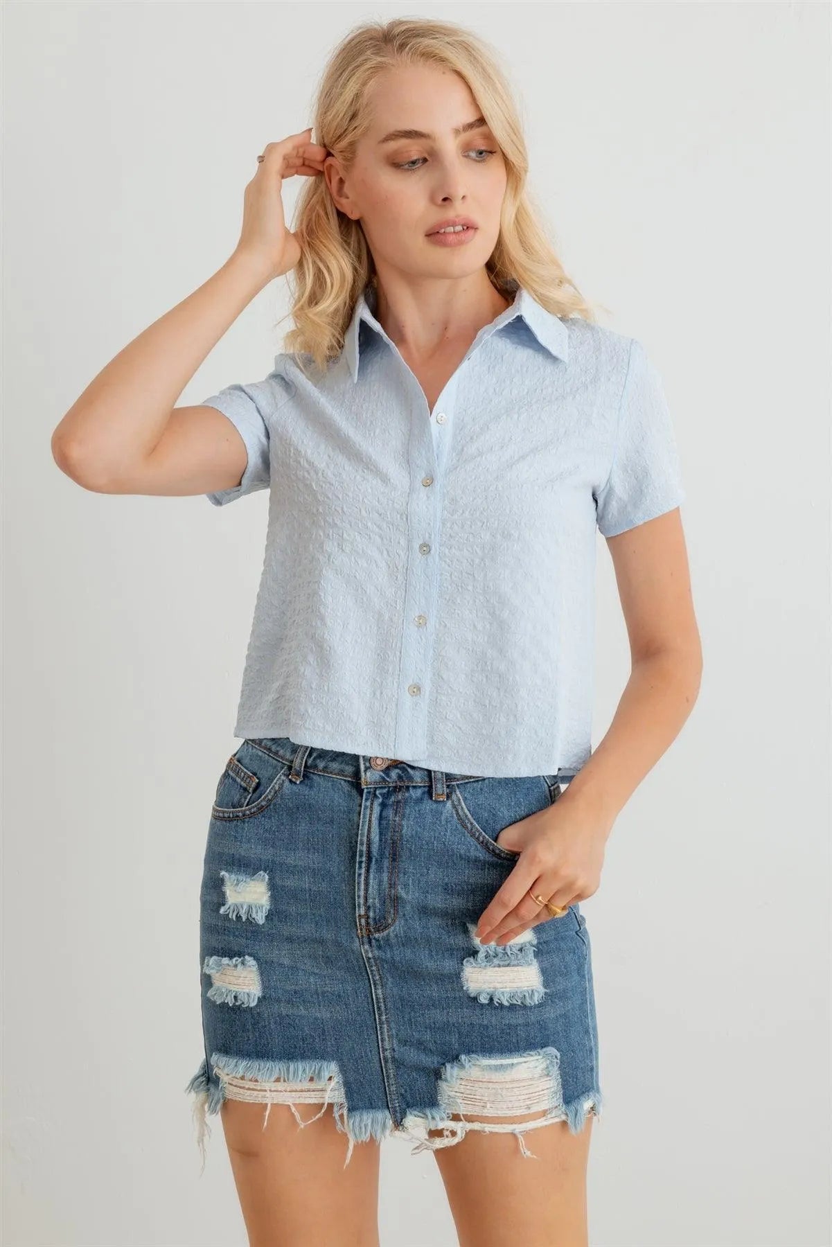 Textured Button-Up Short Sleeve Collar Neck Crop T-Shirt - Tasha Apparel Wholesale