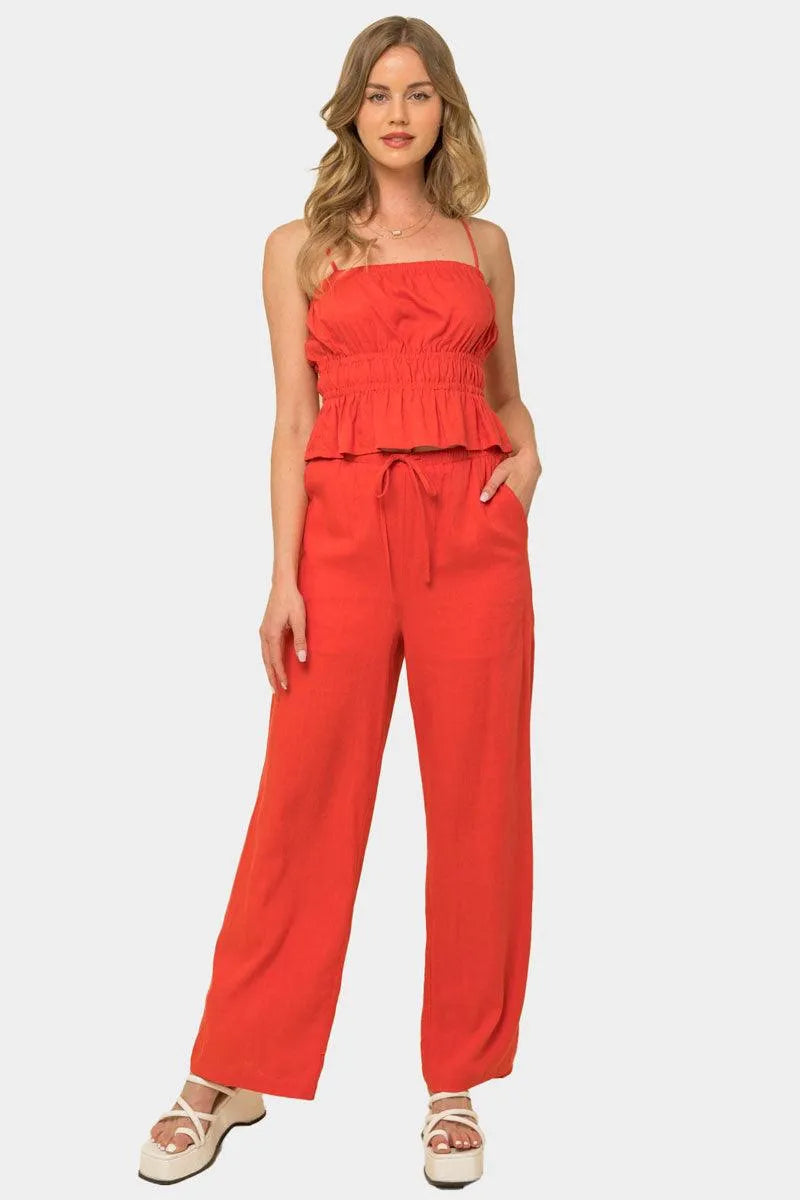 Ruched Linen Cami Top & Elastic Waist Pants Set - Tasha Apparel Wholesale