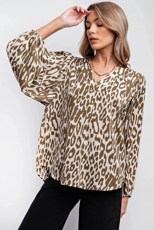 Chic Leopard Print V-Neck Balloon Sleeve Top - Tasha Apparel Wholesale